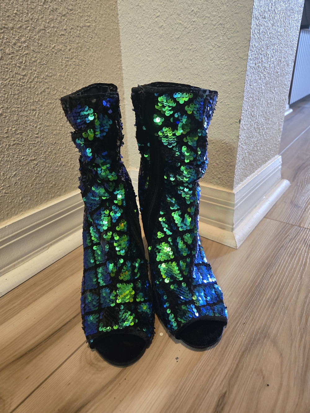 Sequined Green-Blue Peep-Toe Women's Boots